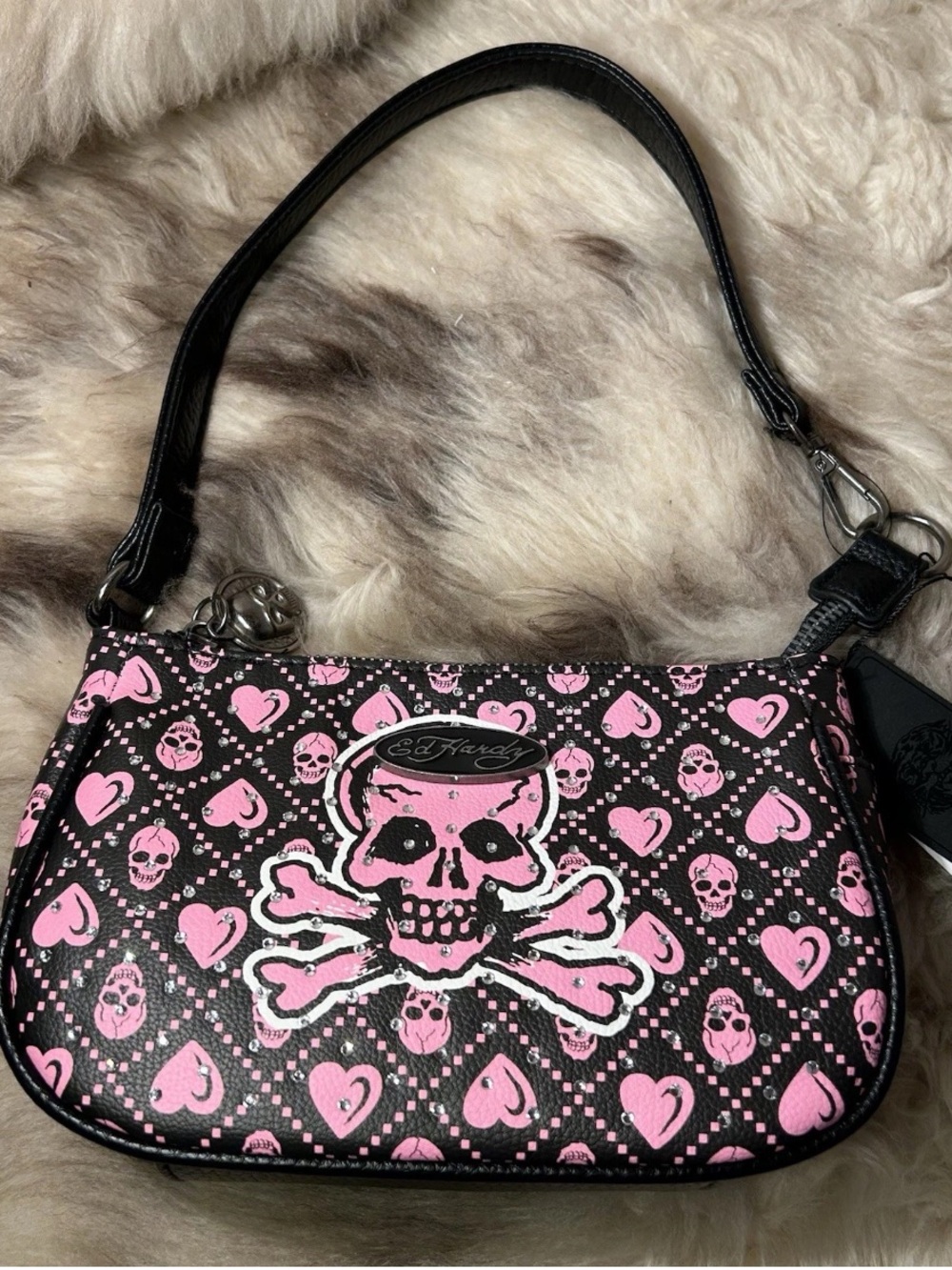 Ed Hardy Black & Pink Skull Crossbones Shoulder Bag NWT